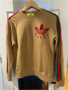 Gucci Tan Crewneck Sweater with Red Logo and Red/Green Sleeve Stripes
